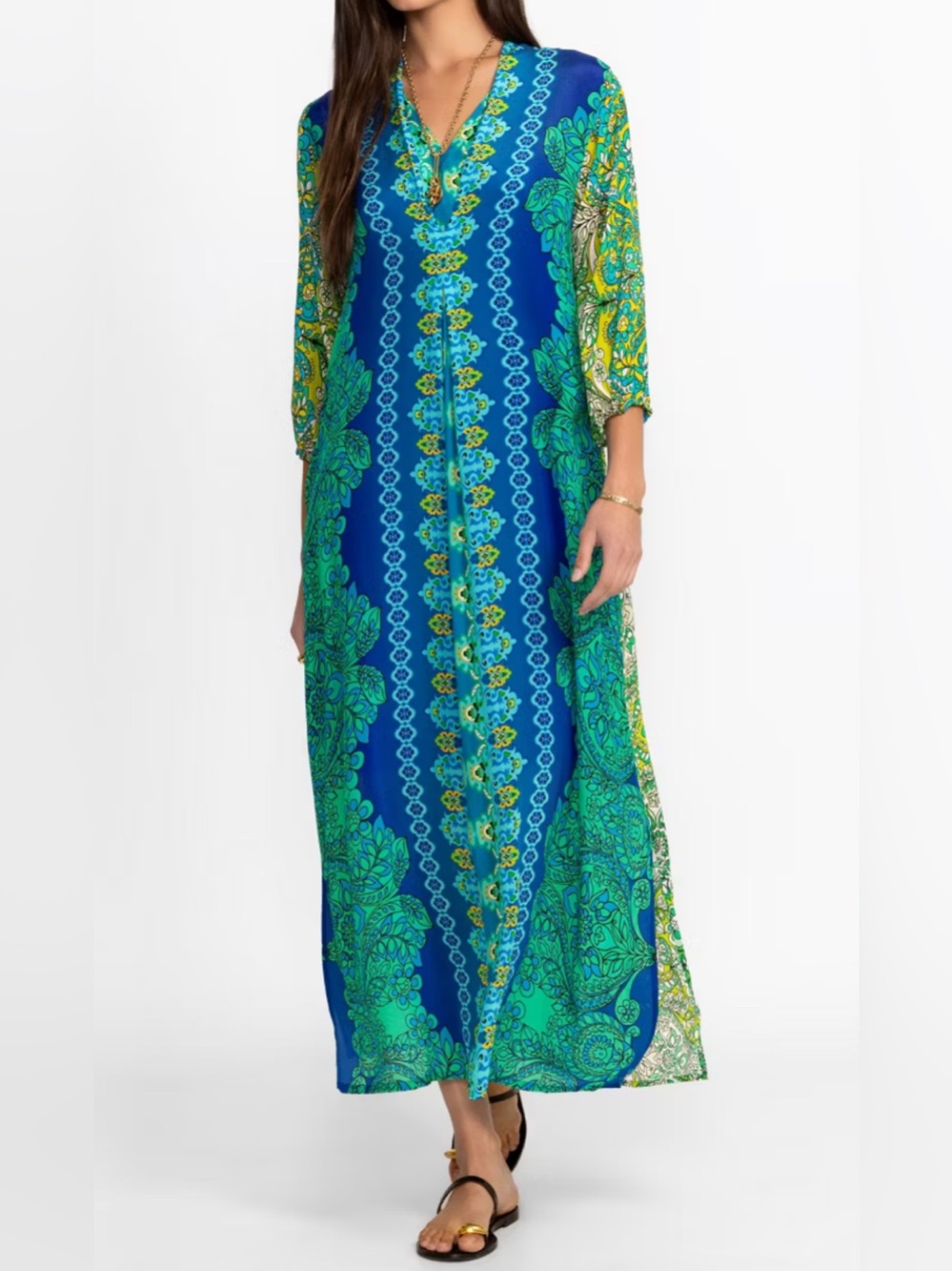 Johnny Was Kahinu 100% Silk Maxi Dress Kaftan Blue Green Floral XS NEW - Picture 3 of 14